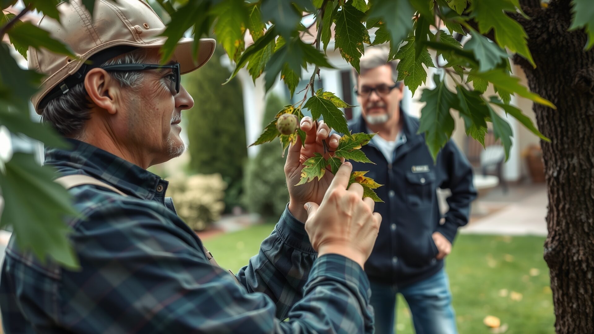 Arborist examining tree bark for signs of disease or pest damage