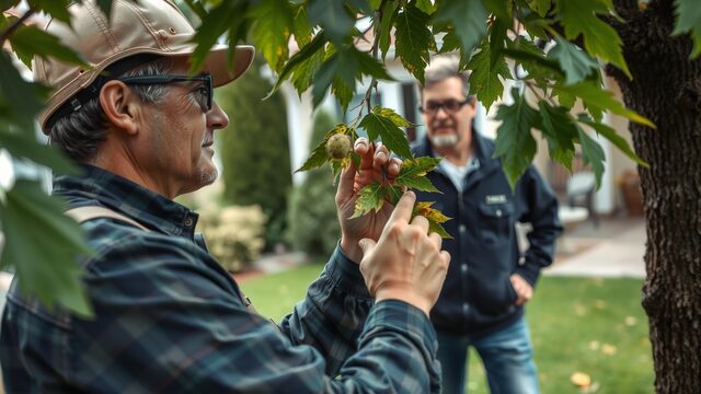 Arborist inspecting tree bark for signs of disease