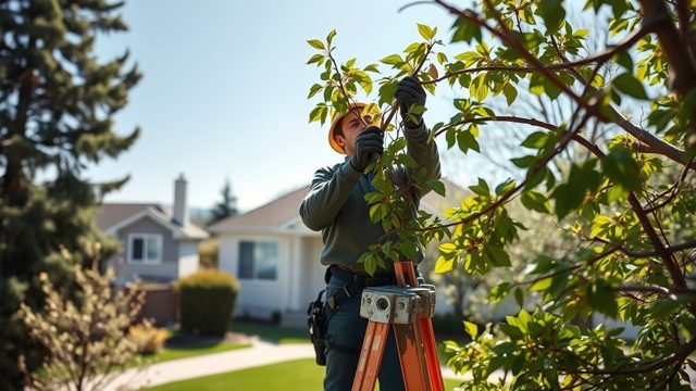 Arborist on a ladder tending a young tree in a residential yard
